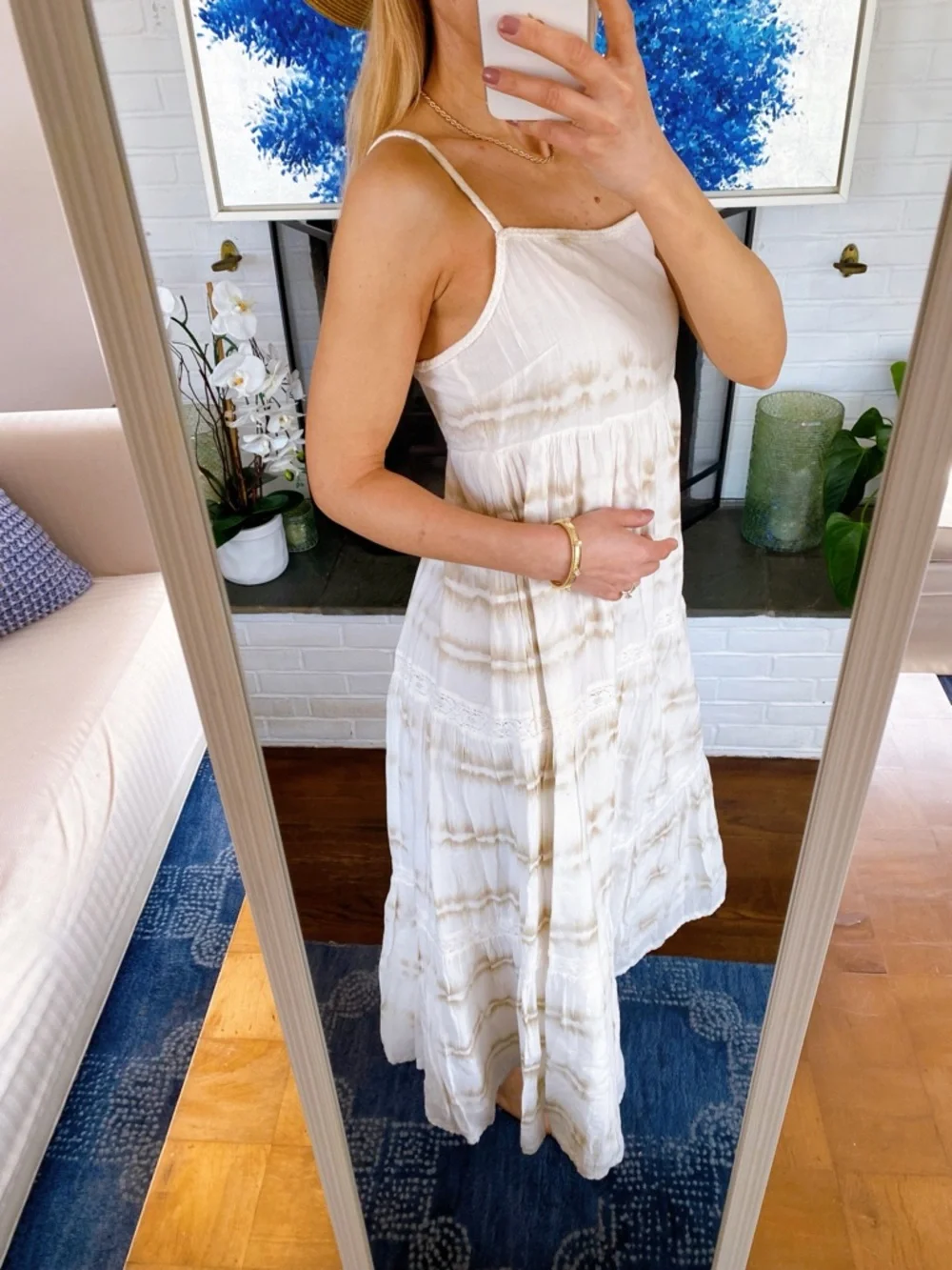 AERIE Off-White Cotton Maxi Dress with Beige Tie-Dye, Rope & Tassel Detail! 🐚 - Picture 4 of 17